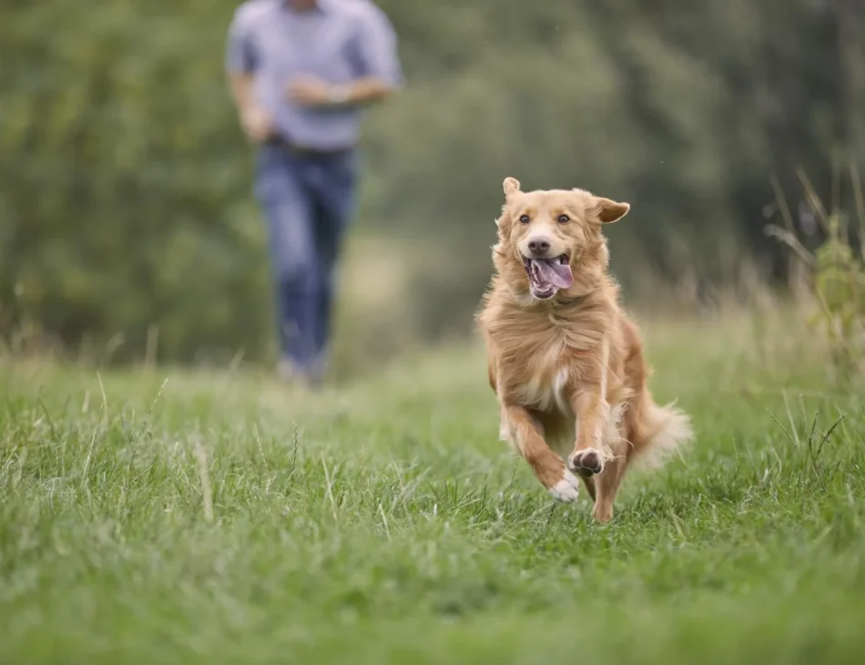 A tan dog running across a field with owner in the background