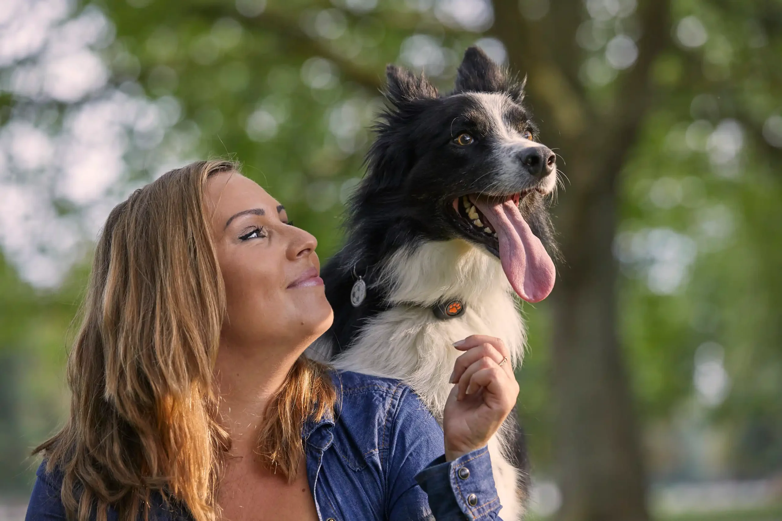 Women sat with collie wearing PitPat Dog Activity Monitor 