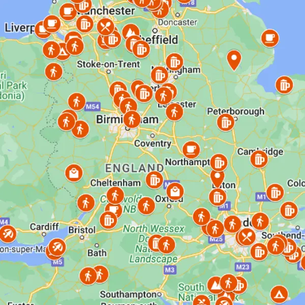 Google map of pitpat users recommendations for dog-friendly locations across the UK