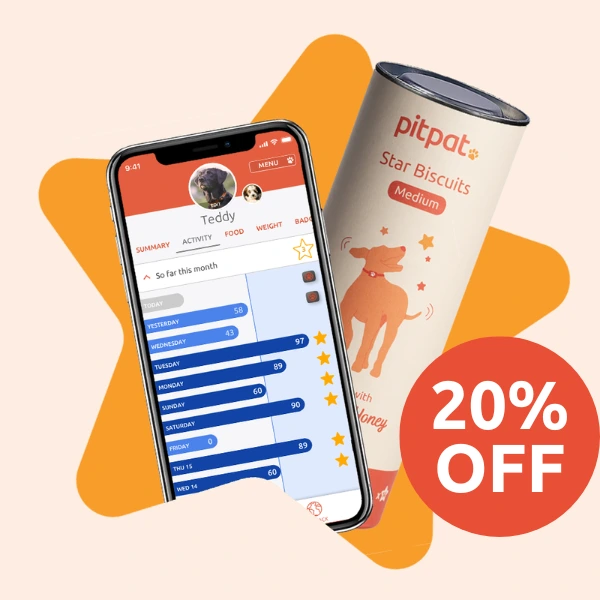 PitPat app and PitPat Star Biscuits bursting out of a star icon and 20% off sticker for PitPat LIFE™ members